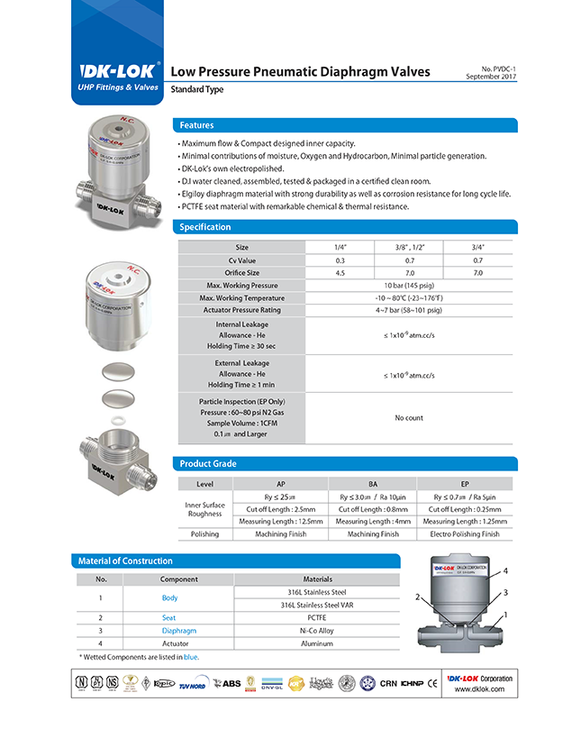 catalog page of low pressure pneumatic diaphragm valves