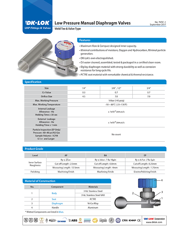 catalog page of low pressure manual diaphragm valves