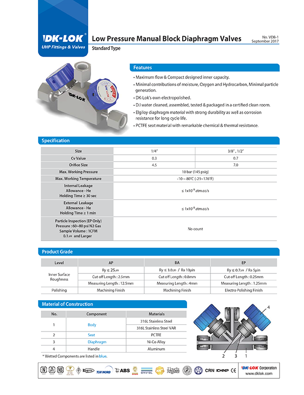 catalog page of uhp and vdb low pressure manual block diaphragm valves