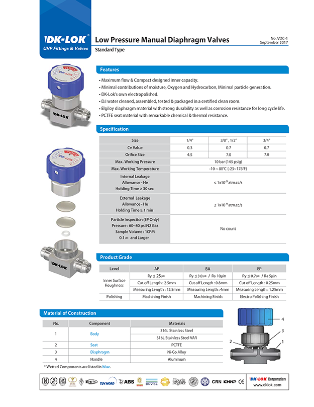 catalog page of uhp and vdc low pressure manual diaphragm valves
