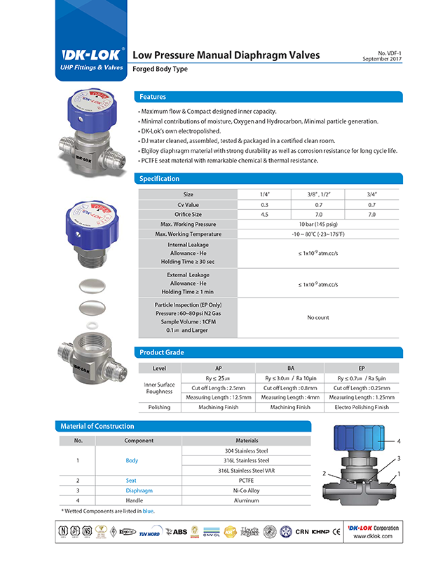 catalog page of uhp and vdp low pressure manual diaphragm valves