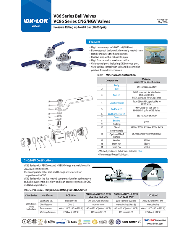 catalog page of v86 series ball valves and vc86 series cng and ngv valves